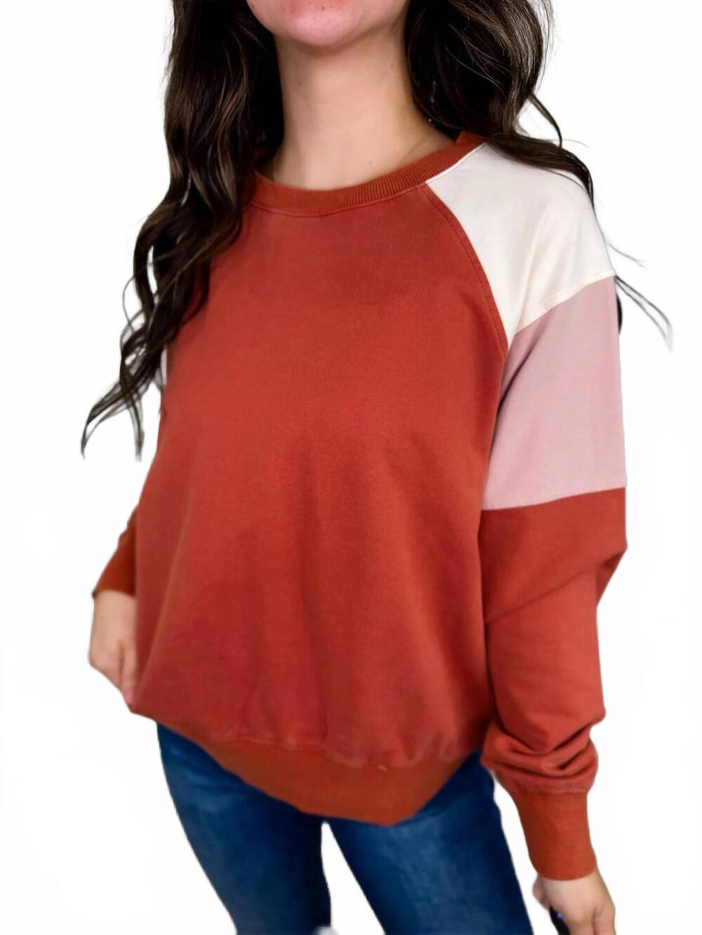 NEW WHITE BIRCH long sleeve washed color block pullover in terracotta